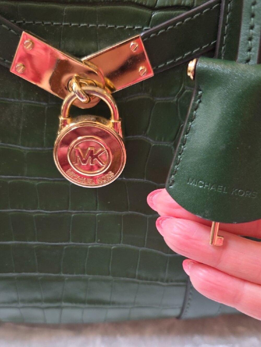 Michael Kors Nouveau Hamilton Dark Green Croc-Embossed Leather Satchel - Picture 6 of 16